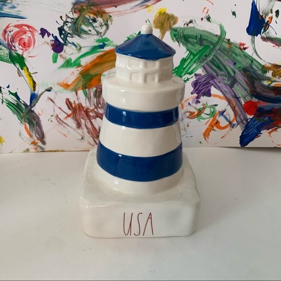 Rae Dunn "USA" Lighthouse w/Blue Stripes Patriotic - Picture 1 of 2